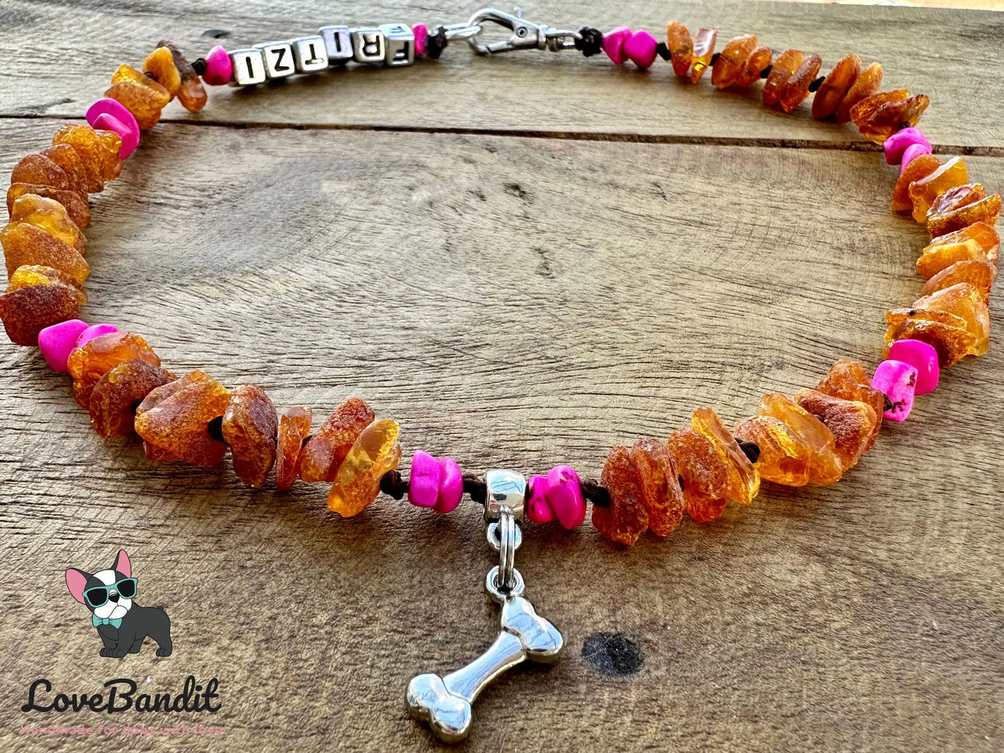 Bernsteinkette für Hunde Zeckenhalsband Pink - LoveBandit