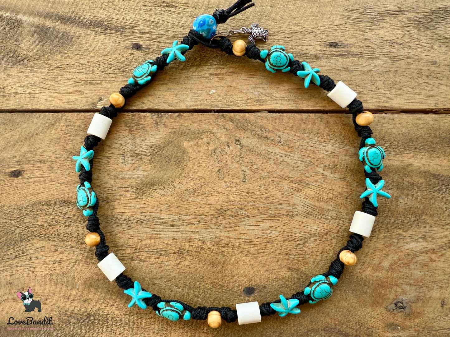 EM-Keramik Halsband Schwarz Blau Schildkröten Seesterne Lovebandit