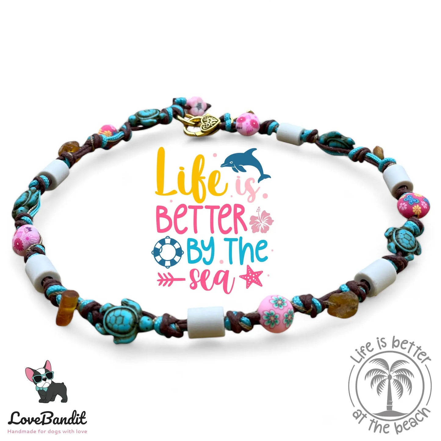 EM-Keramik Bernstein Halsband Schildkröten türkis rosa - LoveBandit