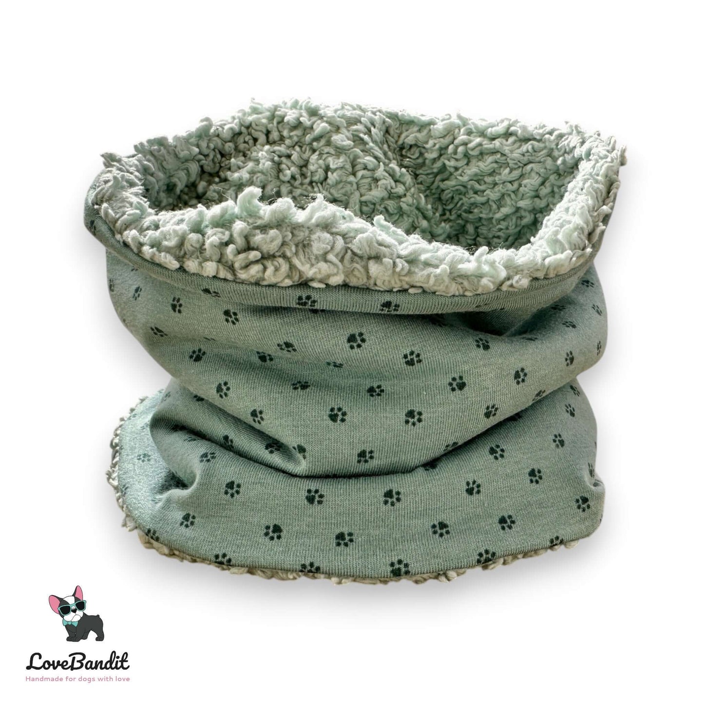 Hundeloop Hundeschal Pfötchen altgrün Fleece Teddyplüsch - LoveBandit