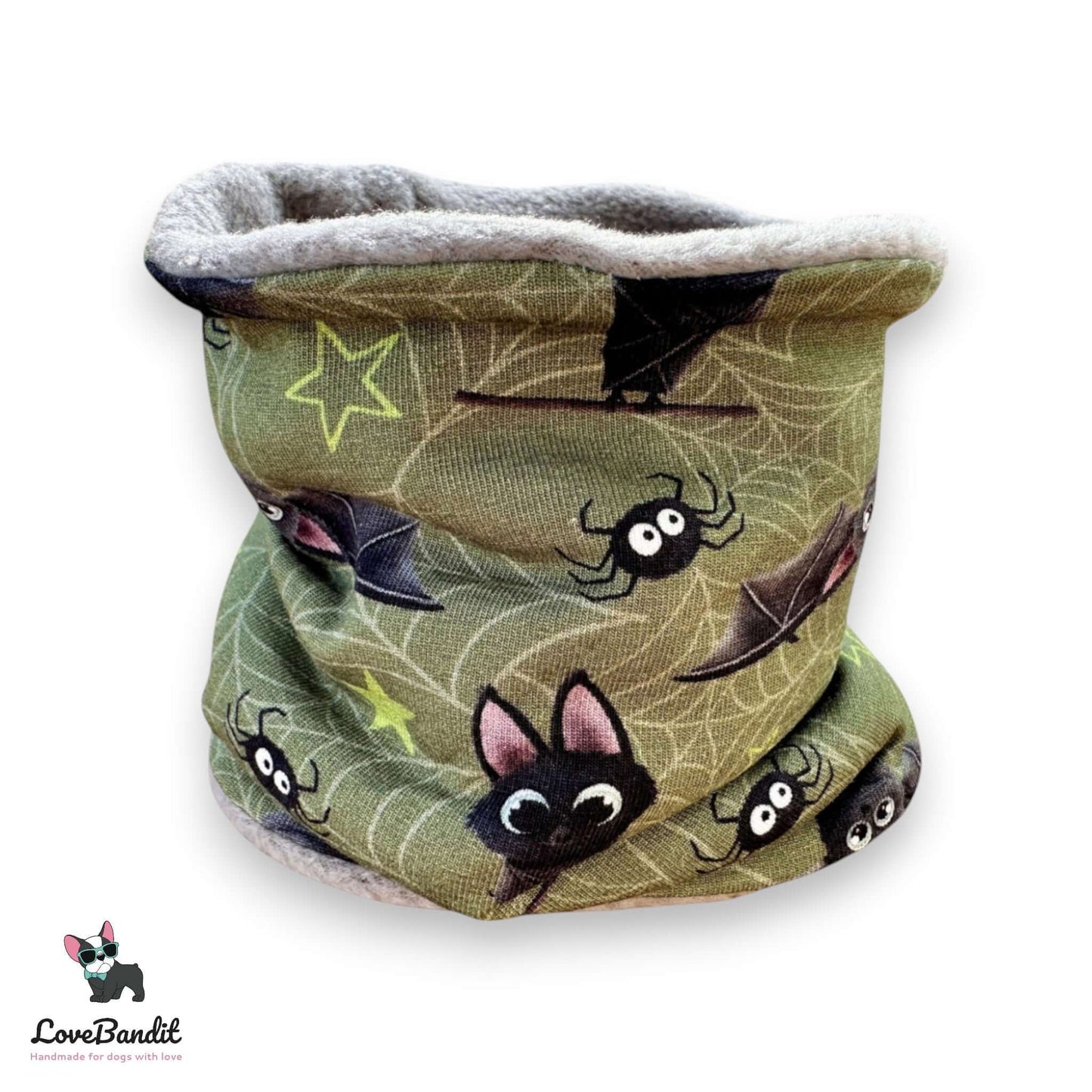 Hundeloop Hundeschal "Itsy Bitsy Fledermaus" oliv Fleece oder Teddyplüsch - LoveBandit