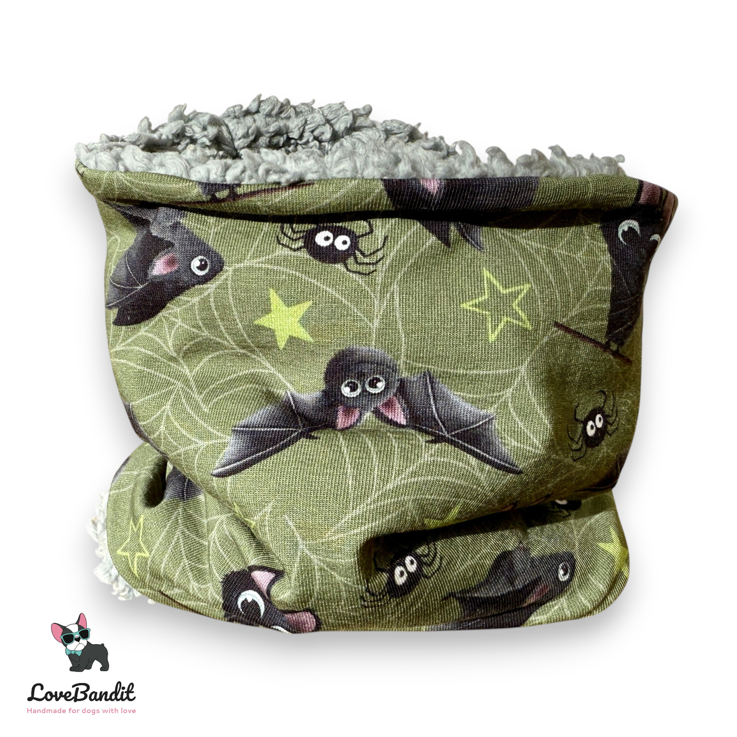 Hundeloop Hundeschal "Itsy Bitsy Fledermaus" oliv Fleece oder Teddyplüsch Lovebandit