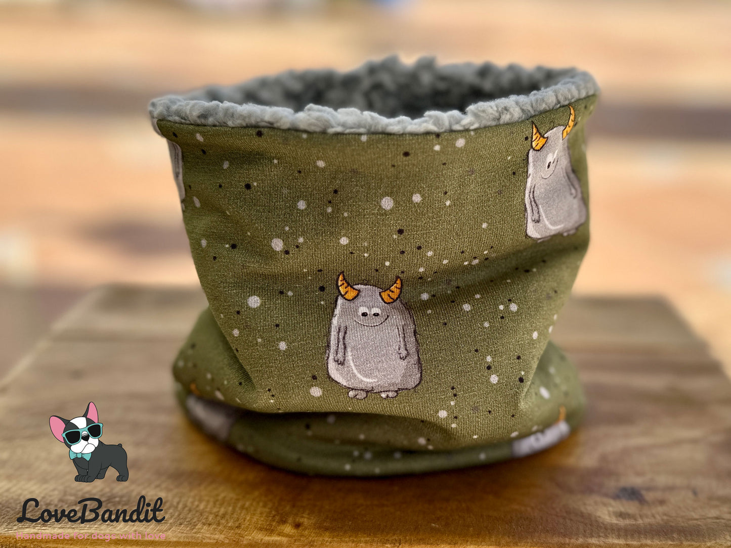 Hundeloop Hunde Loop Halssocke Hundeschal "Booh" oliv/grau/orange" - Baumwolle/Kuschelfleece oder Teddyplüsch Lovebandit