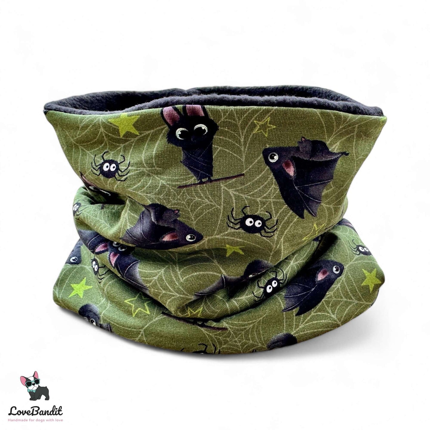 Hundeloop Hundeschal "Itsy Bitsy Fledermaus" oliv Fleece oder Teddyplüsch - LoveBandit