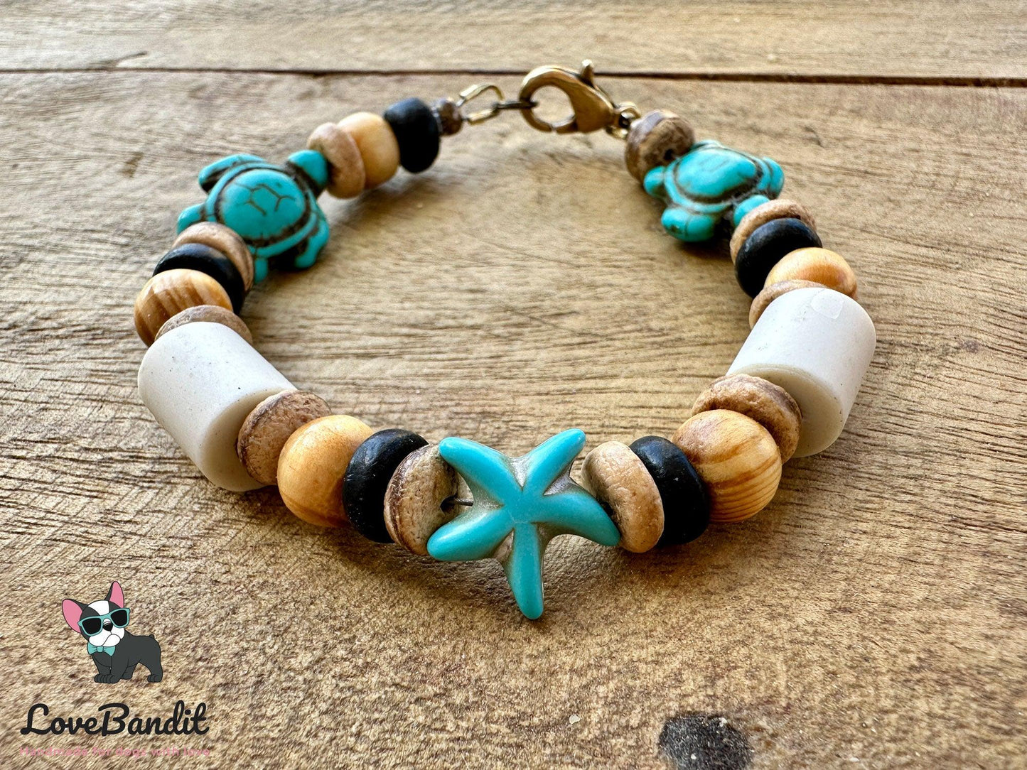 EM-Keramik Halsband Schildkröten Seesterne türkis braun - LoveBandit