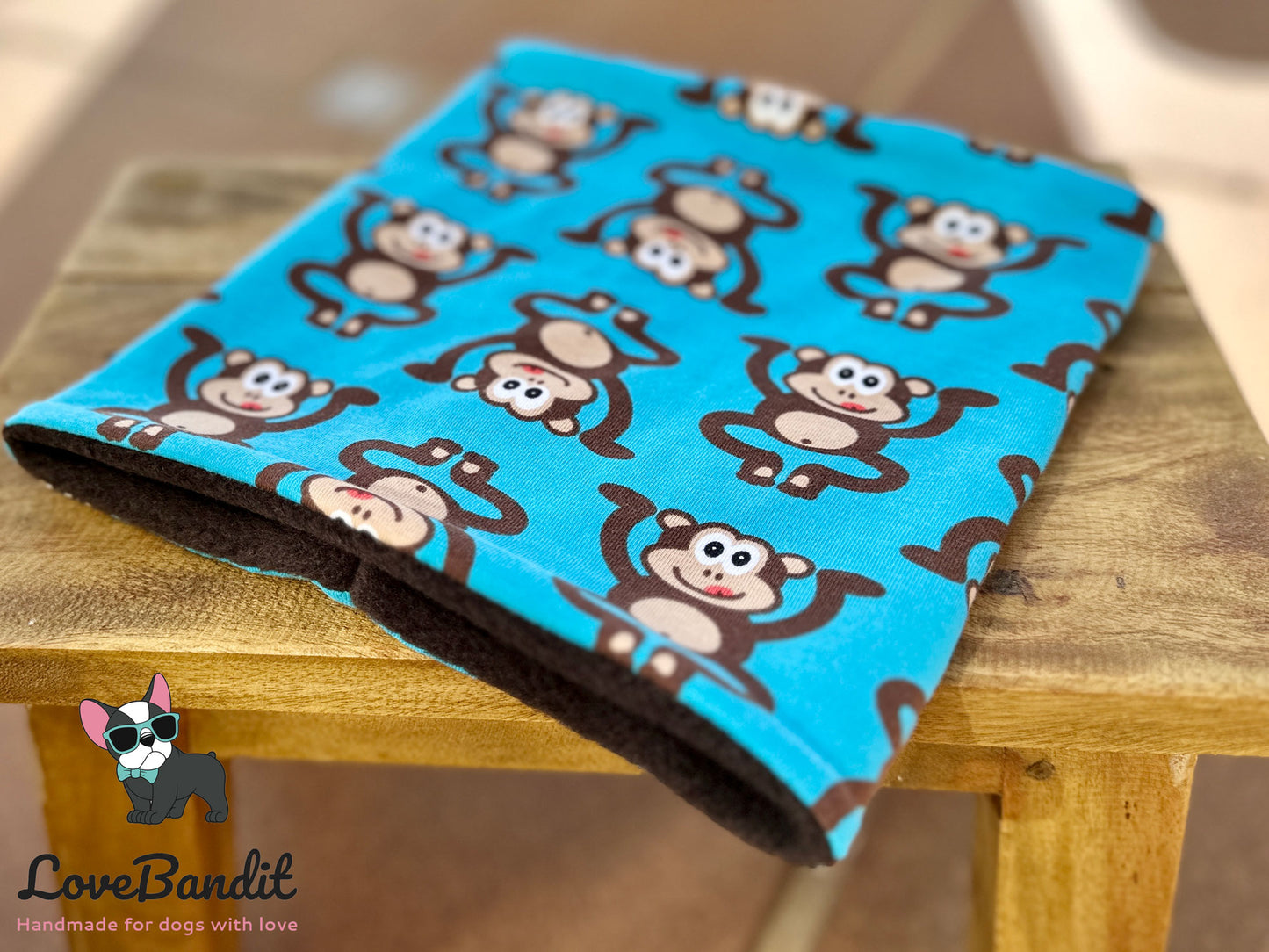 Kopie von Hundeloop Hundeschal "Die Affen sind los" blau mit Fleece oder Teddyplüsch Lovebandit
