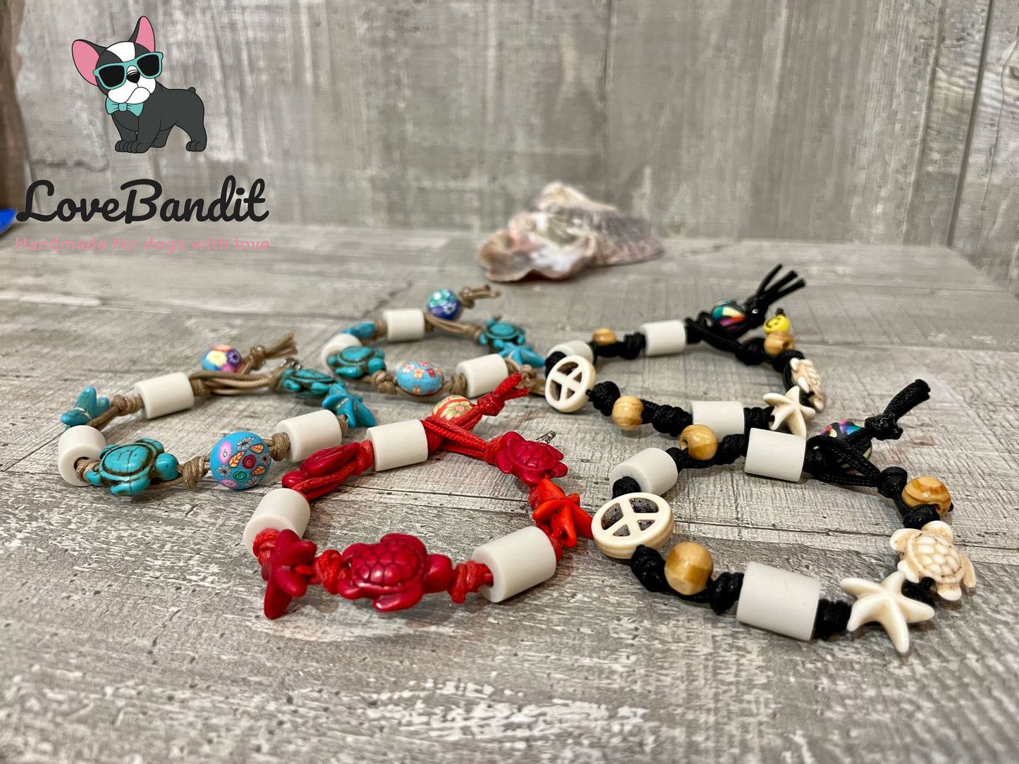 EM Keramik Armband "Hippie" Schildkröten Seesterne Peace - schwarz und natur Lovebandit