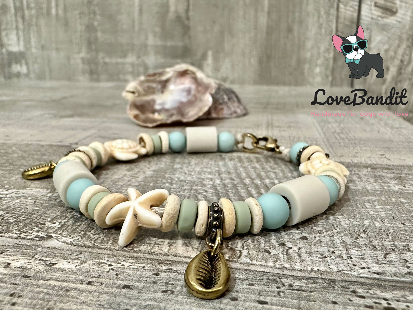 EM Keramik Hundehalsband "Kailua" mit Muschelanhängern antik bronze Lovebandit