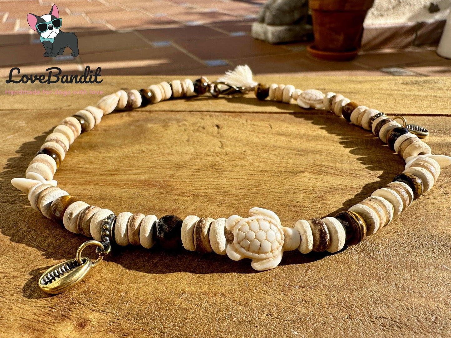 Schmuckkette für Hunde mit Heilsteinen Tigerauge, Schildkröten, Seesternen - LoveBandit