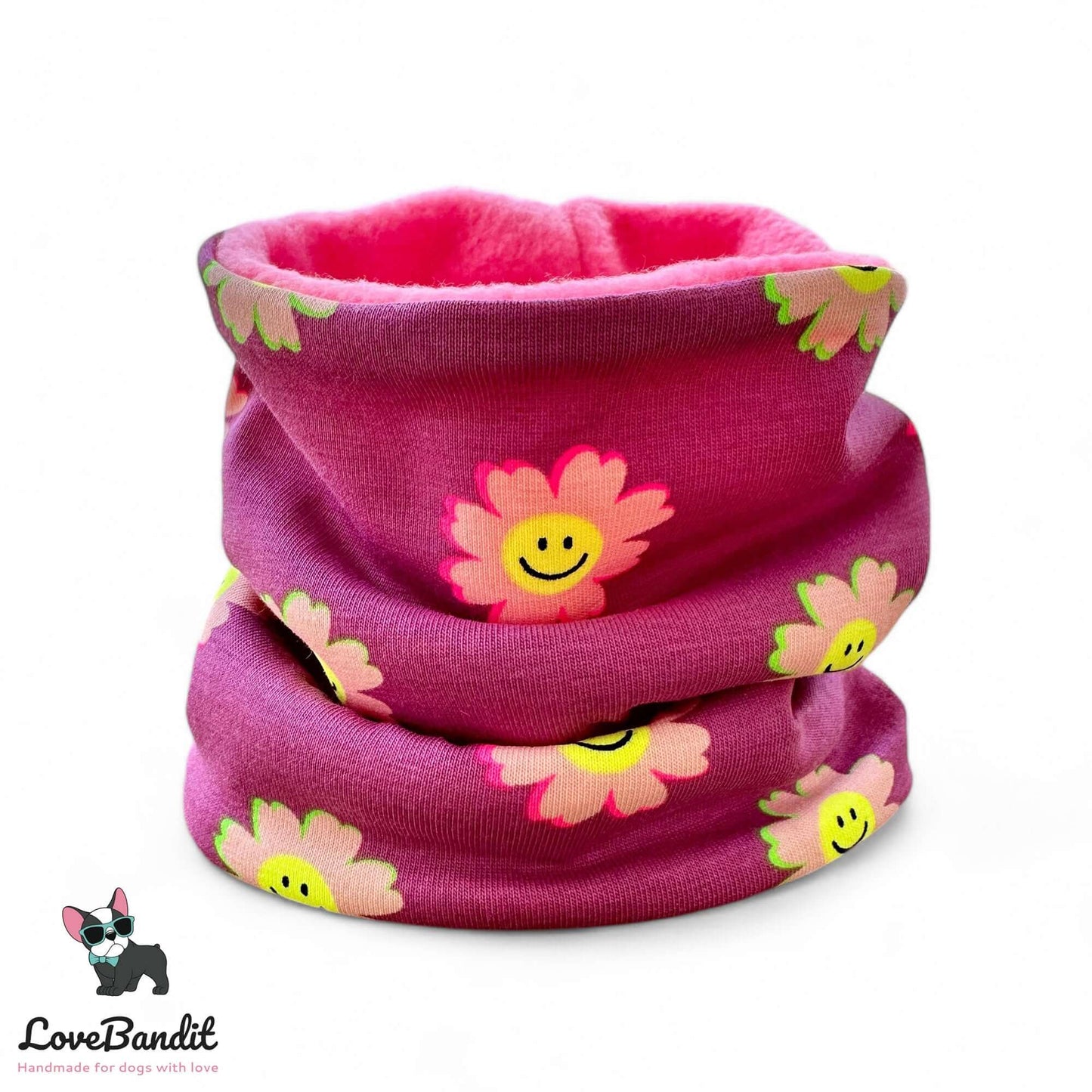 Hundeloop Hundeschal Smiley Flowers Fliederbeere Neon Fleece - LoveBandit