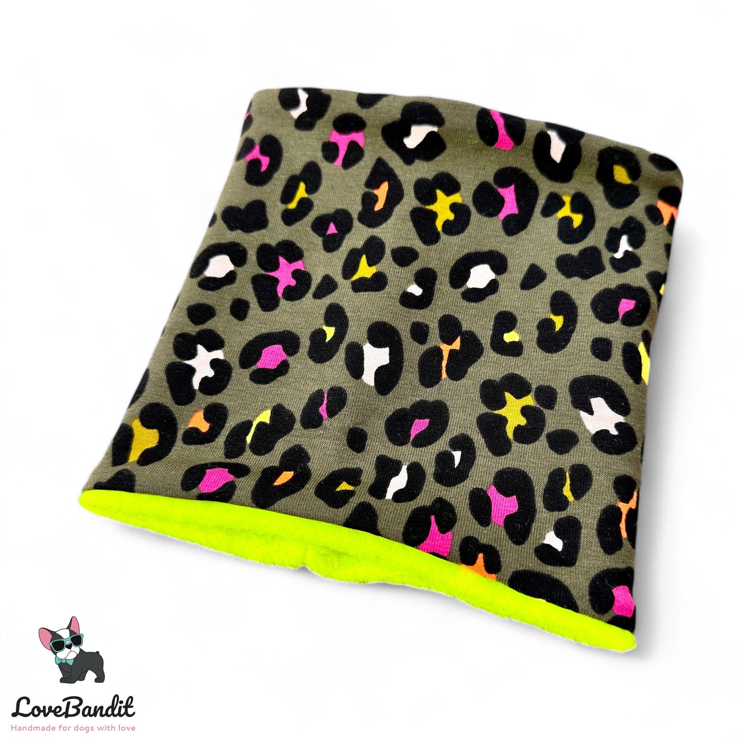 Hundeloop Hundeschal "Neo Leo oliv" Leopardenprint Neon Farbakzente - LoveBandit