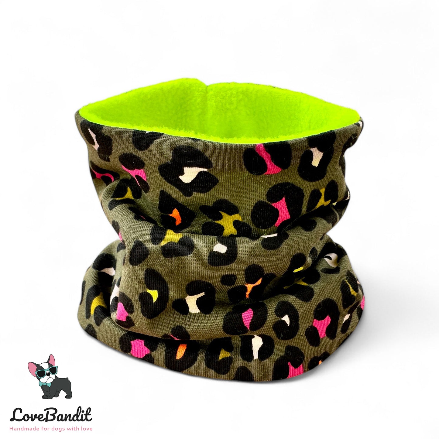 Hundeloop Hundeschal "Neo Leo oliv" Leopardenprint Neon Farbakzente - LoveBandit