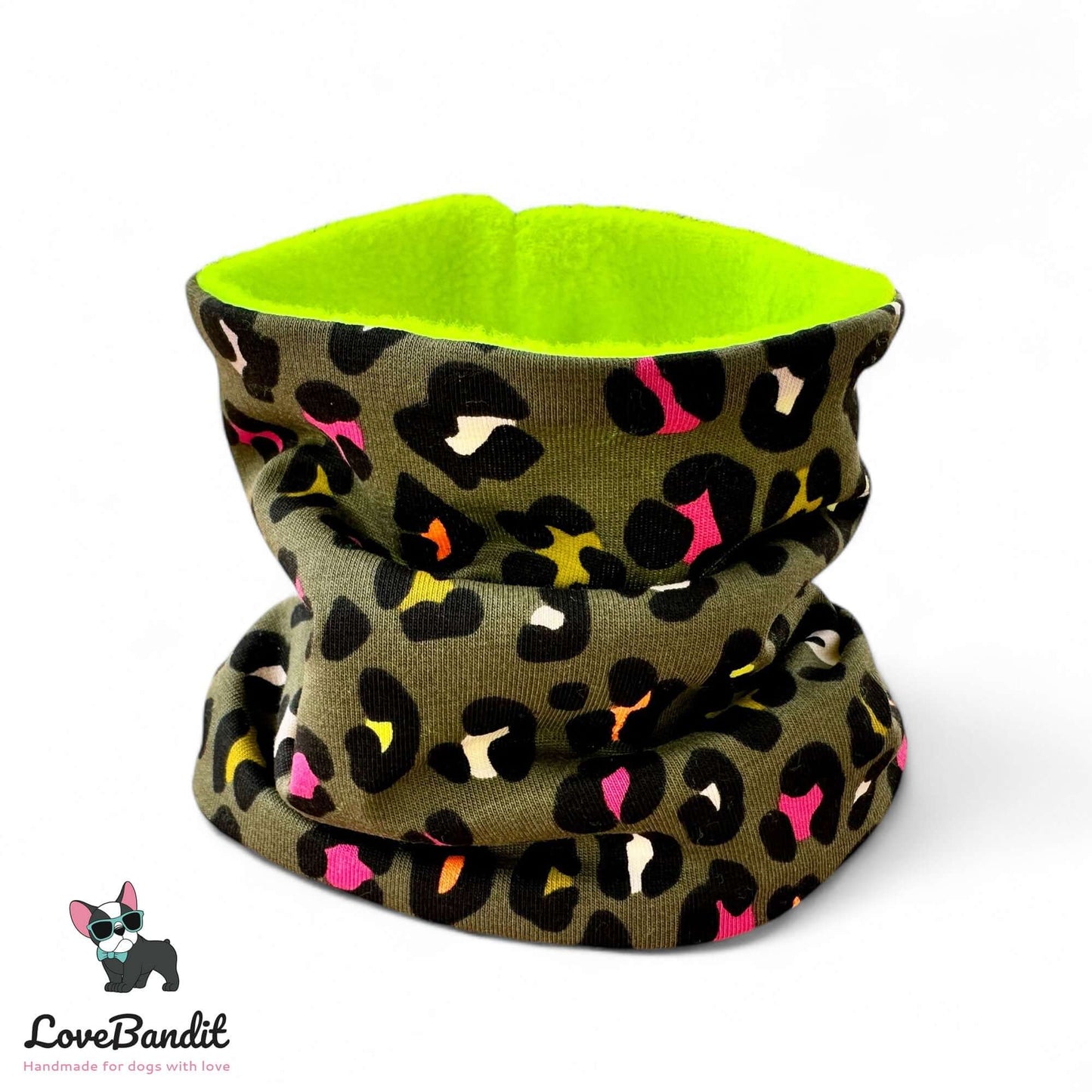 Hundeloop Hundeschal "Neo Leo oliv" Leopardenprint Neon Farbakzente - LoveBandit