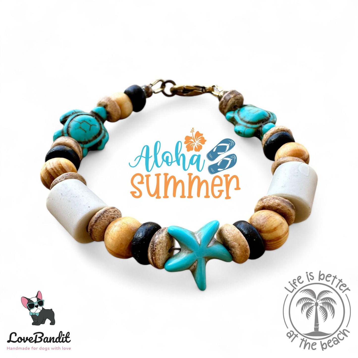 Armband - EM Keramik Armband - Schildkröten Seesterne & Kokos türkis - LoveBandit