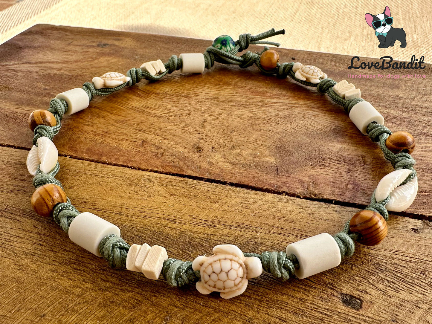 EM Keramik Hundehalsband Zeckenhalsband "Seaweed" graugrün mit Muscheln LoveBandit