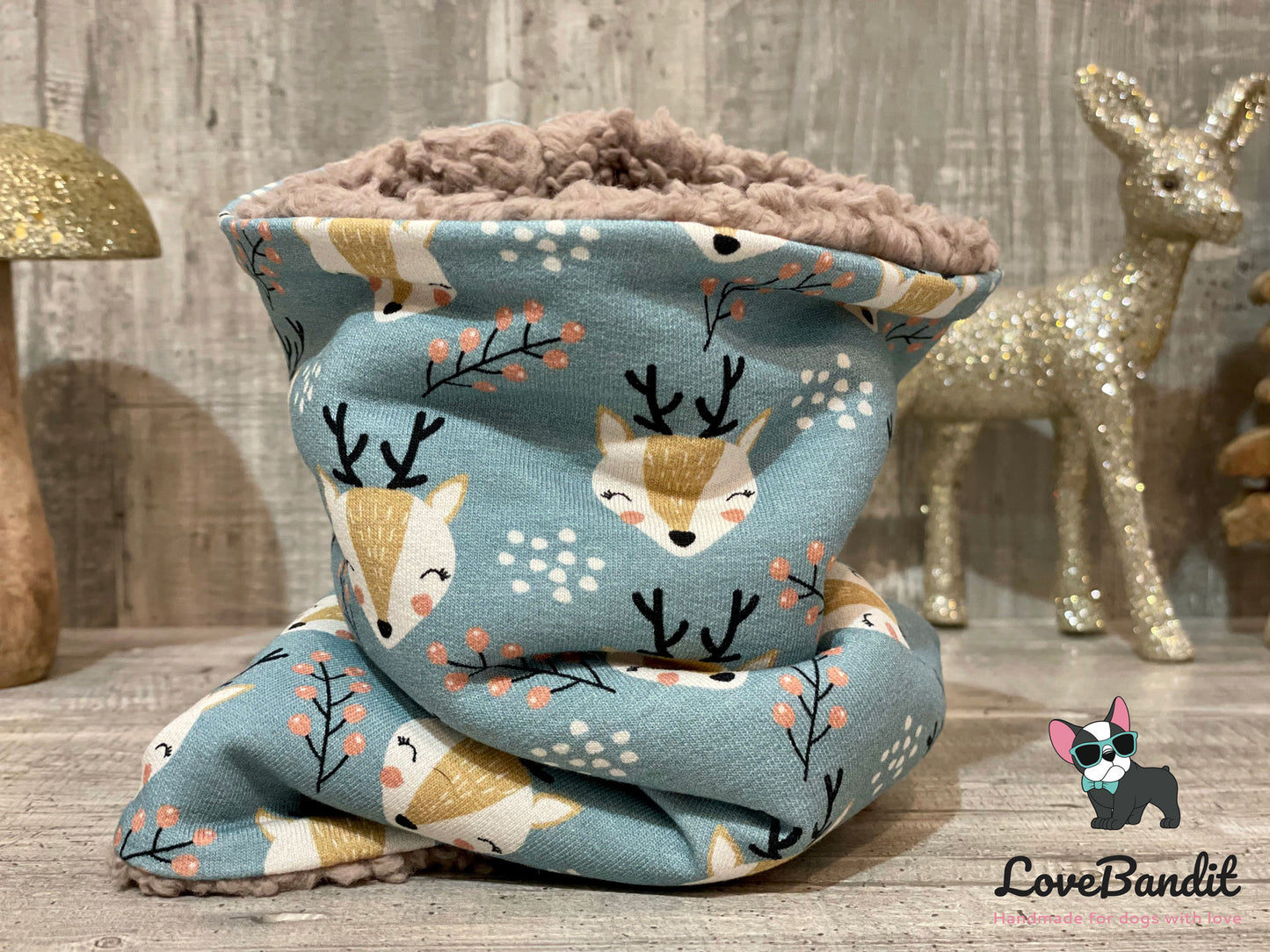 Hundeloop Hundeschal "Rentier" Pastellblau mit Fleece oder Teddyplüsch Lovebandit