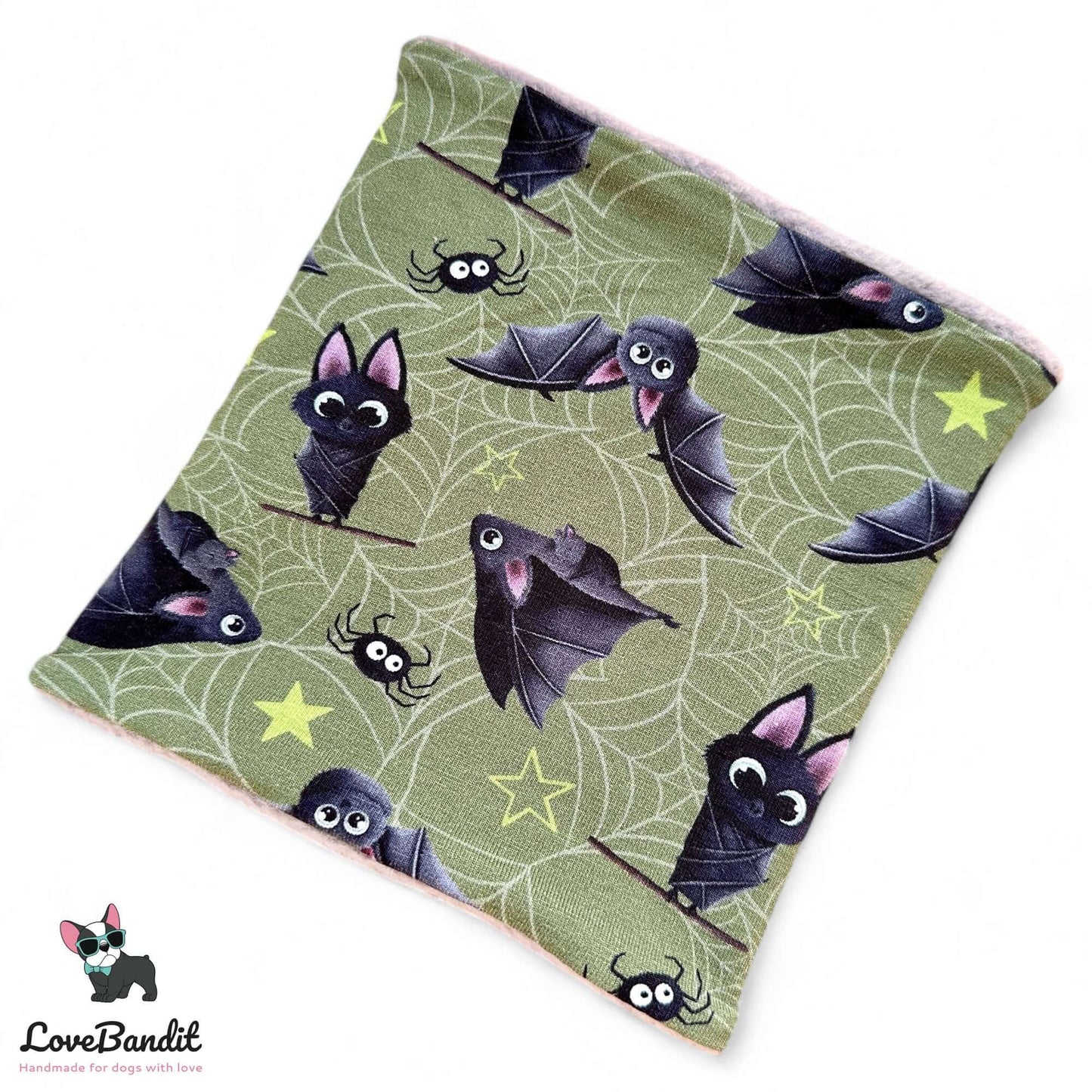 Hundeloop Hundeschal "Itsy Bitsy Fledermaus" oliv Fleece oder Teddyplüsch - LoveBandit