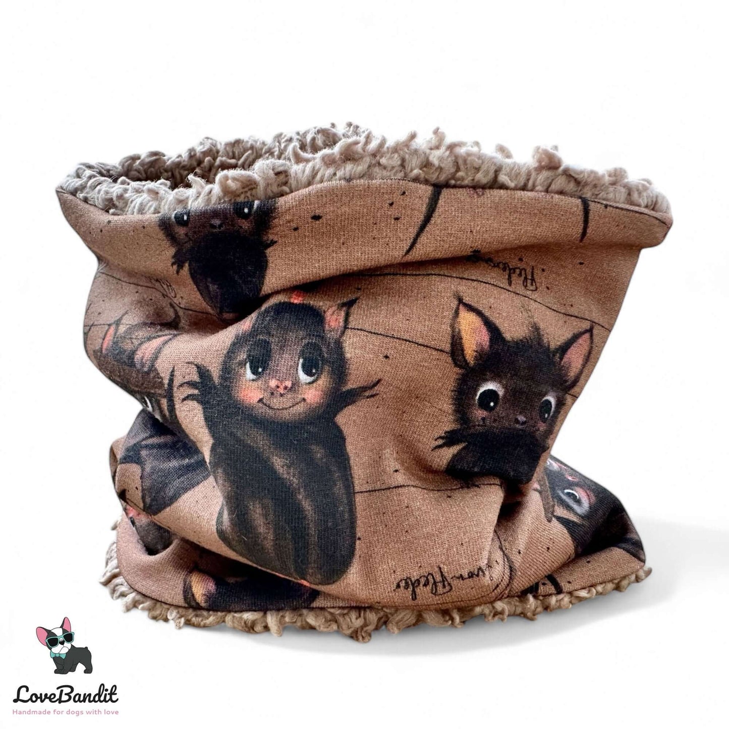 Hundeschal Hundeloop "Fledermäuse" Braun - mit Teddyplüsch oder Fleece - LoveBandit