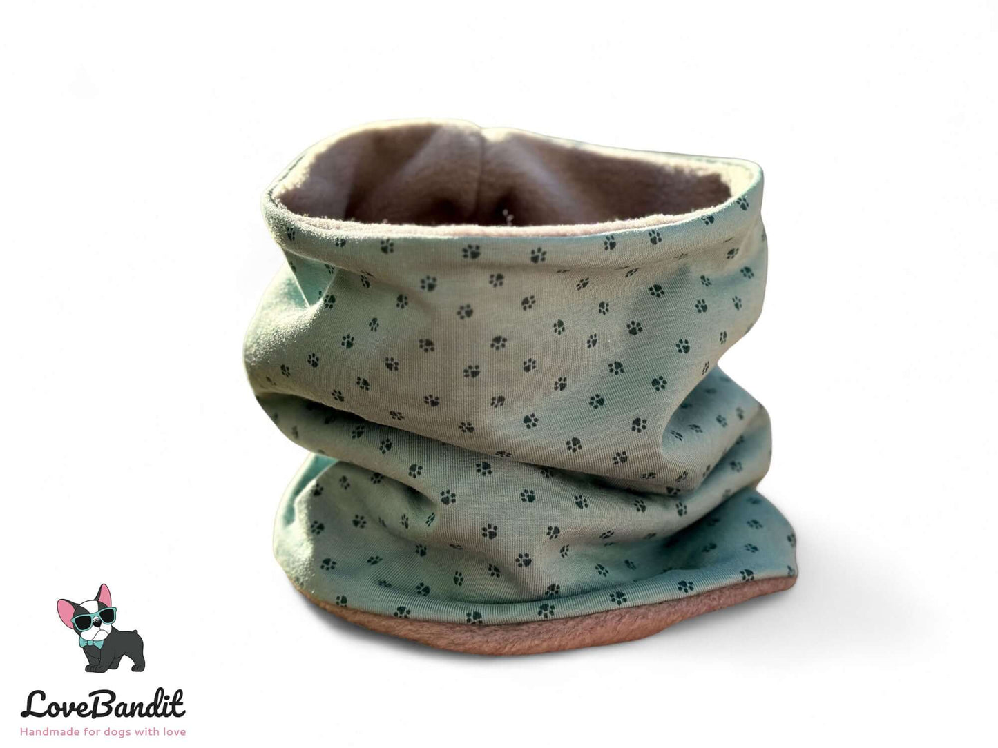 Hundeloop Hundeschal Pfötchen altgrün Fleece Teddyplüsch - LoveBandit