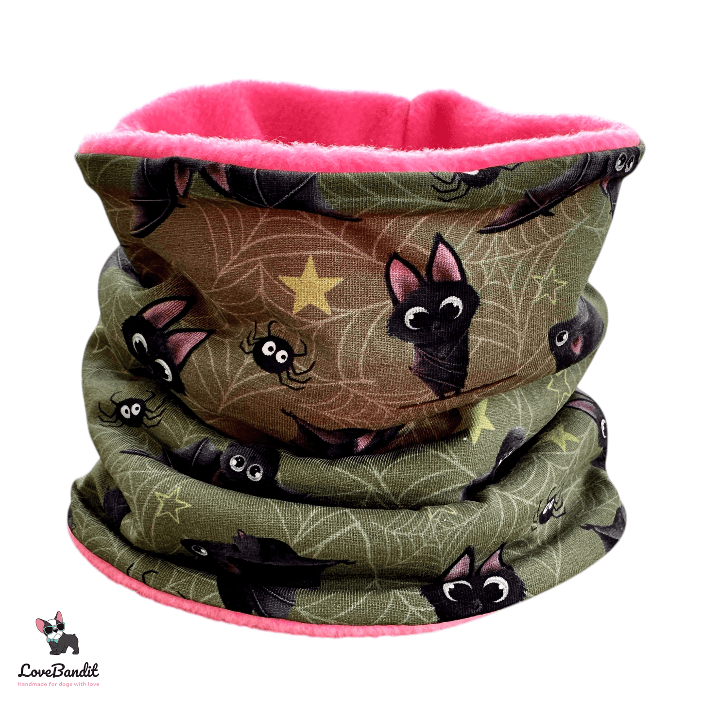 Hundeloop Hundeschal "Itsy Bitsy Fledermaus" oliv Fleece oder Teddyplüsch - LoveBandit