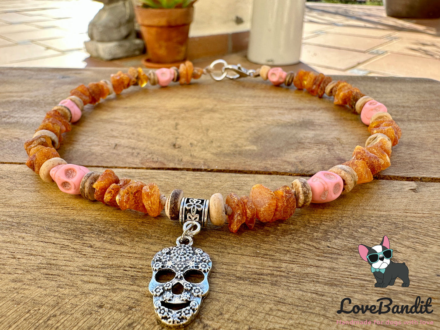 Bernsteinkette für Hunde Zeckenhalsband Skull - LoveBandit