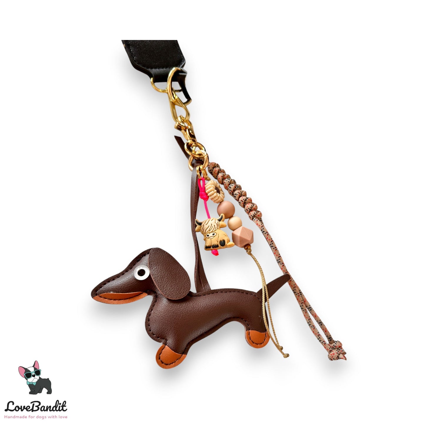 Taschenanhänger Dackel, Hippiekuh, Perlen, Seil - LoveBandit