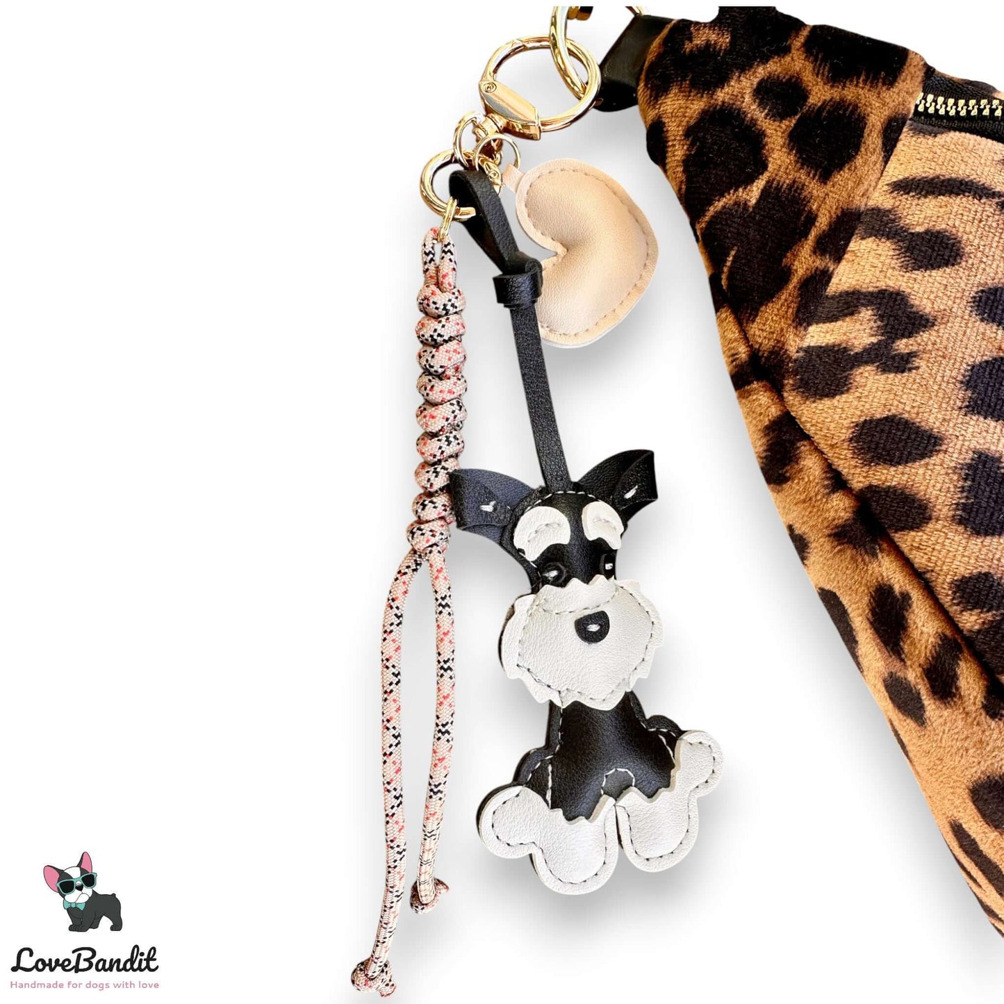 Taschenanhänger Bag Charm Hund schwarz Tartan beige Herz - LoveBandit