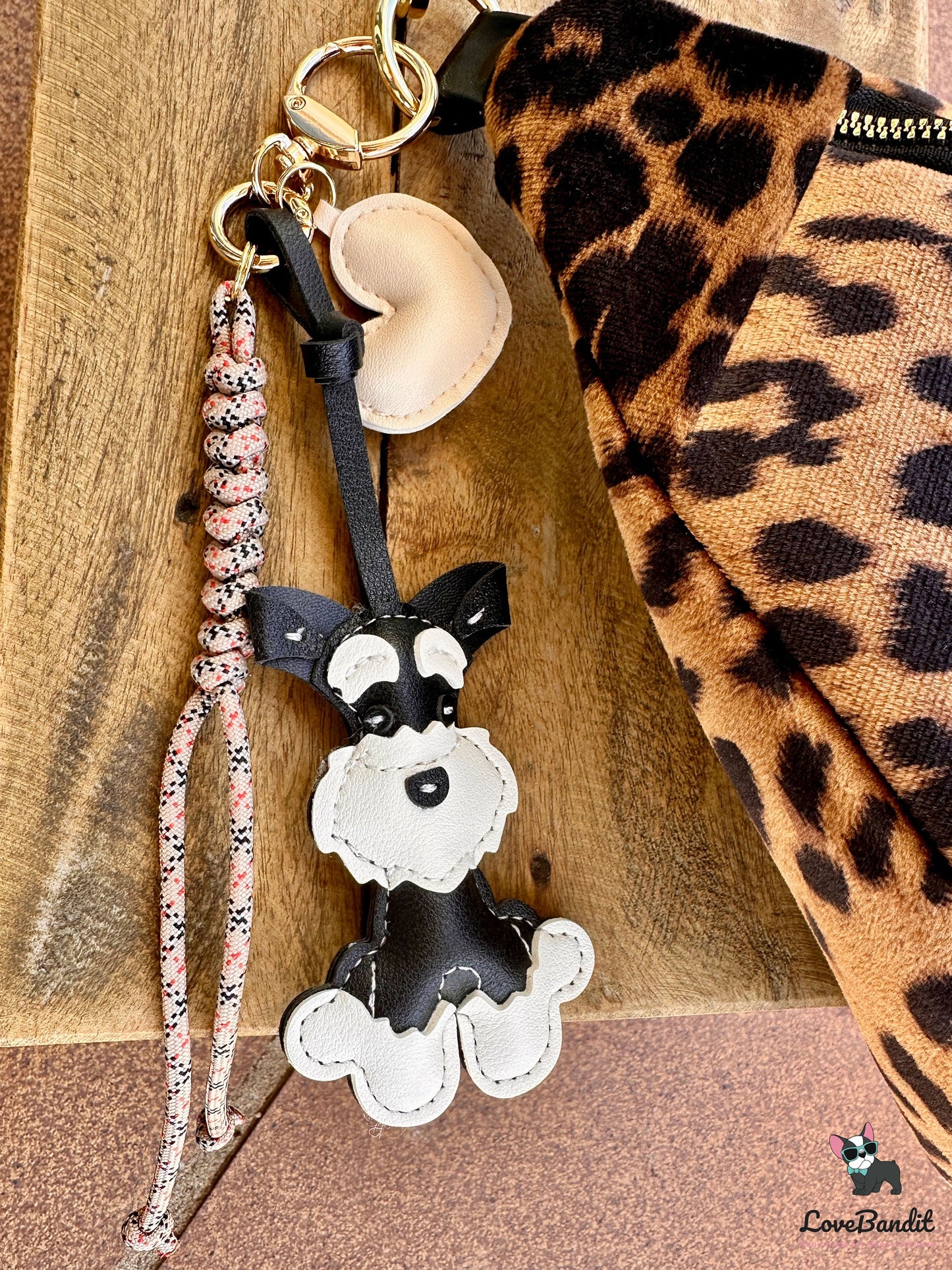Taschenanhänger Bag Charm Hund schwarz Tartan beige Herz - LoveBandit