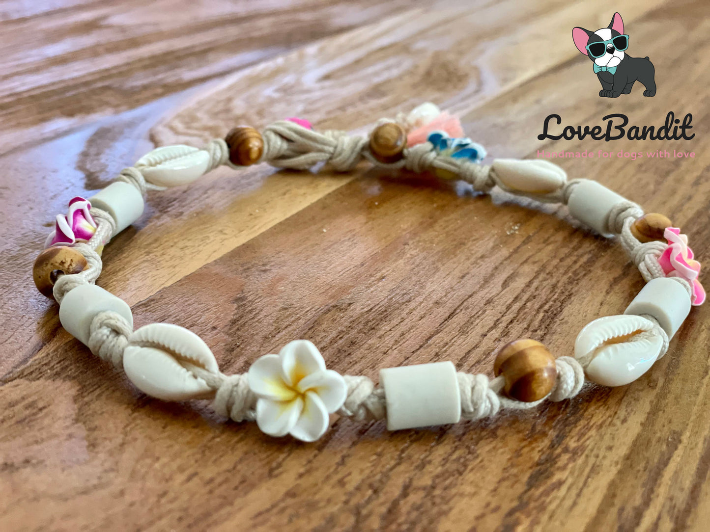 EM Keramik Hundehalsband Zeckenhalsband "Hula Dog 2" Hawaiiblümchen und Muscheln(bunt) LoveBandit