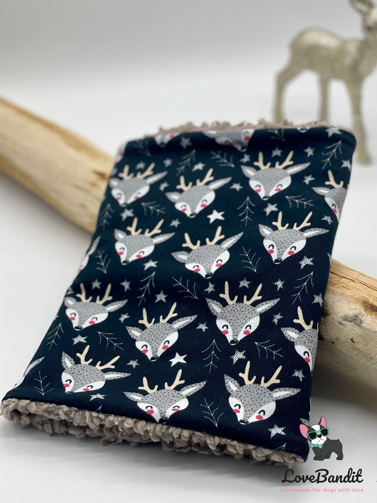 Hundeloop Hundeschal "Rentier" Schwarz mit Fleece oder Teddyplüsch Lovebandit