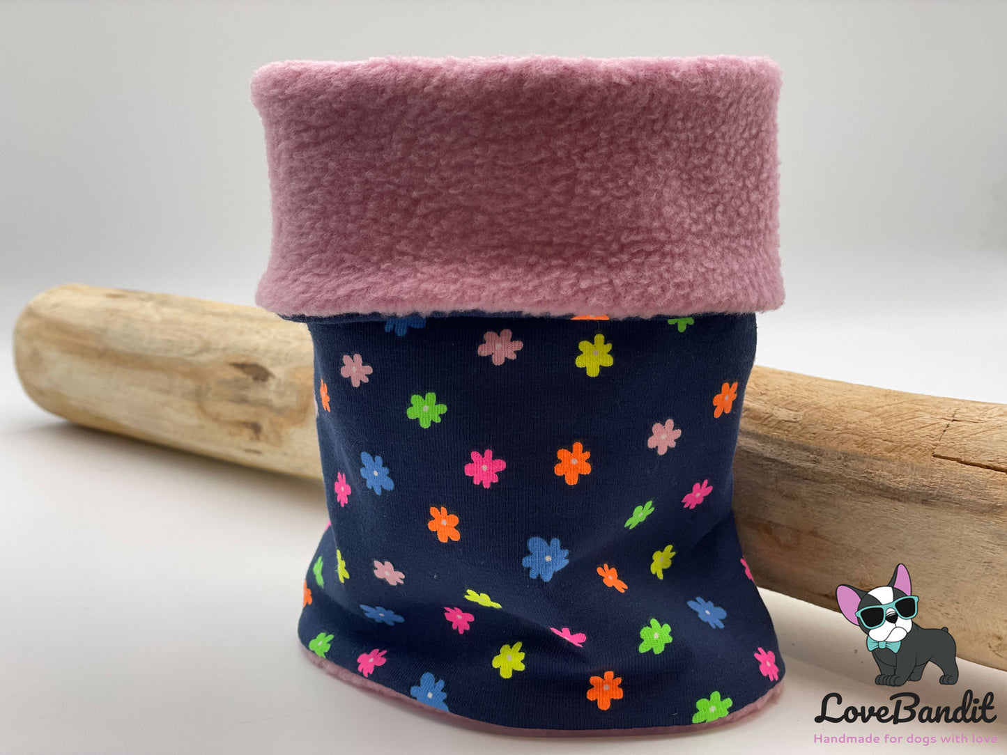 Hundeloop "Blümchen Neon" aus Fleece oder Teddyplüsch (Dunkelblau) Lovebandit