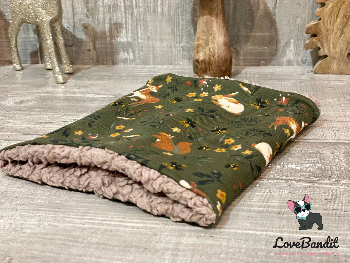 Hundeloop "Reh, Hase & Eichhörnchen oliv" mit Fleece oder Teddyplüsch Lovebandit