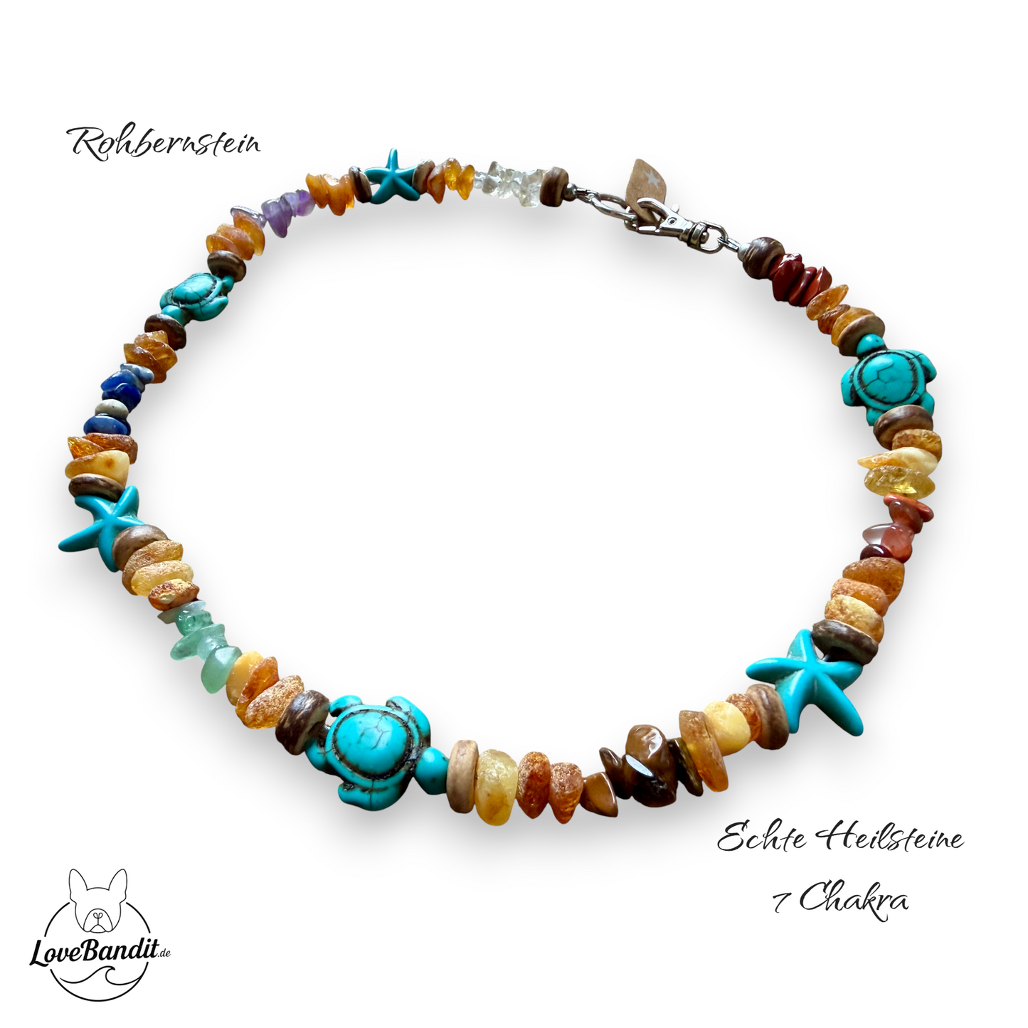 Sieben-Chakra Bernstein-Halsband mit Schildkröten&Seesternen