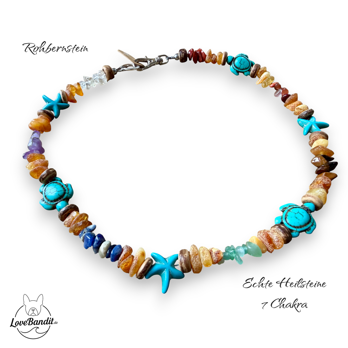 Sieben-Chakra Bernstein-Halsband mit Schildkröten&Seesternen
