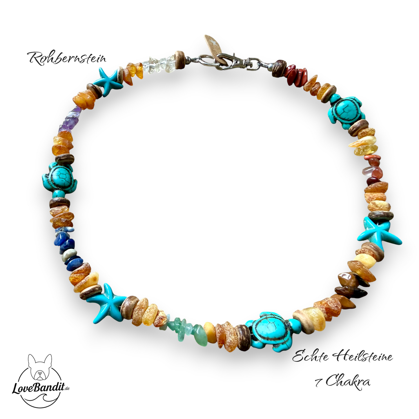 Sieben-Chakra Bernstein-Halsband mit Schildkröten&Seesternen
