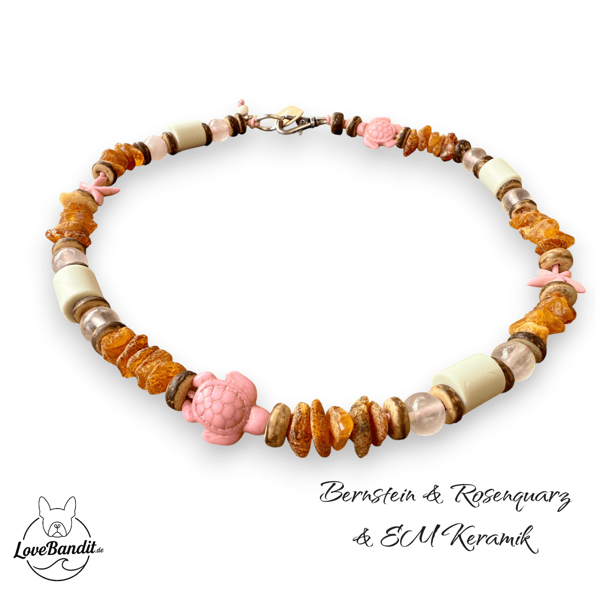 Bernsteinkette für Hunde Rosé Turtle EM-Keramik Rosenquarz-Lovebandit
