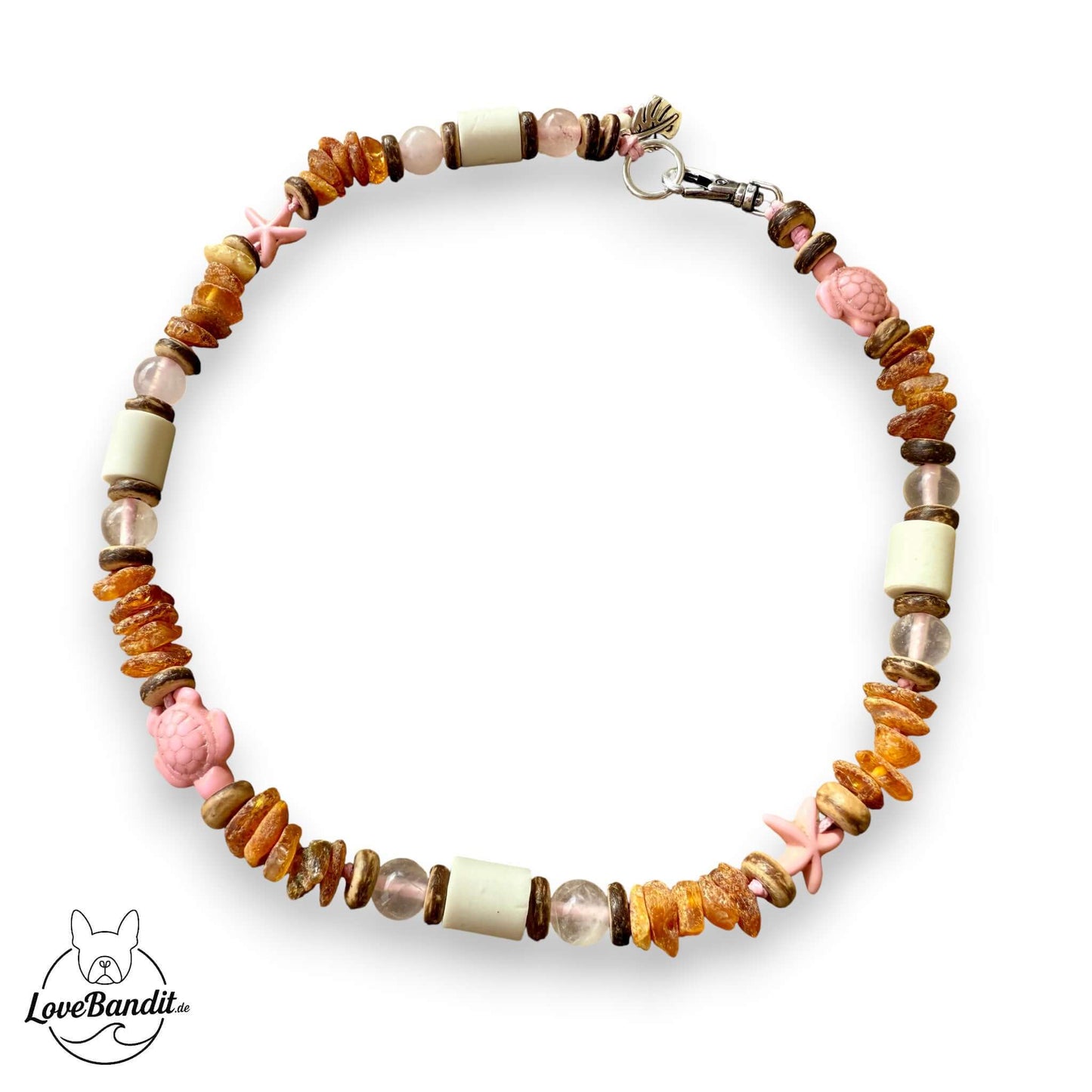 Bernsteinkette für Hunde Rosé Turtle EM-Keramik Rosenquarz-Lovebandit