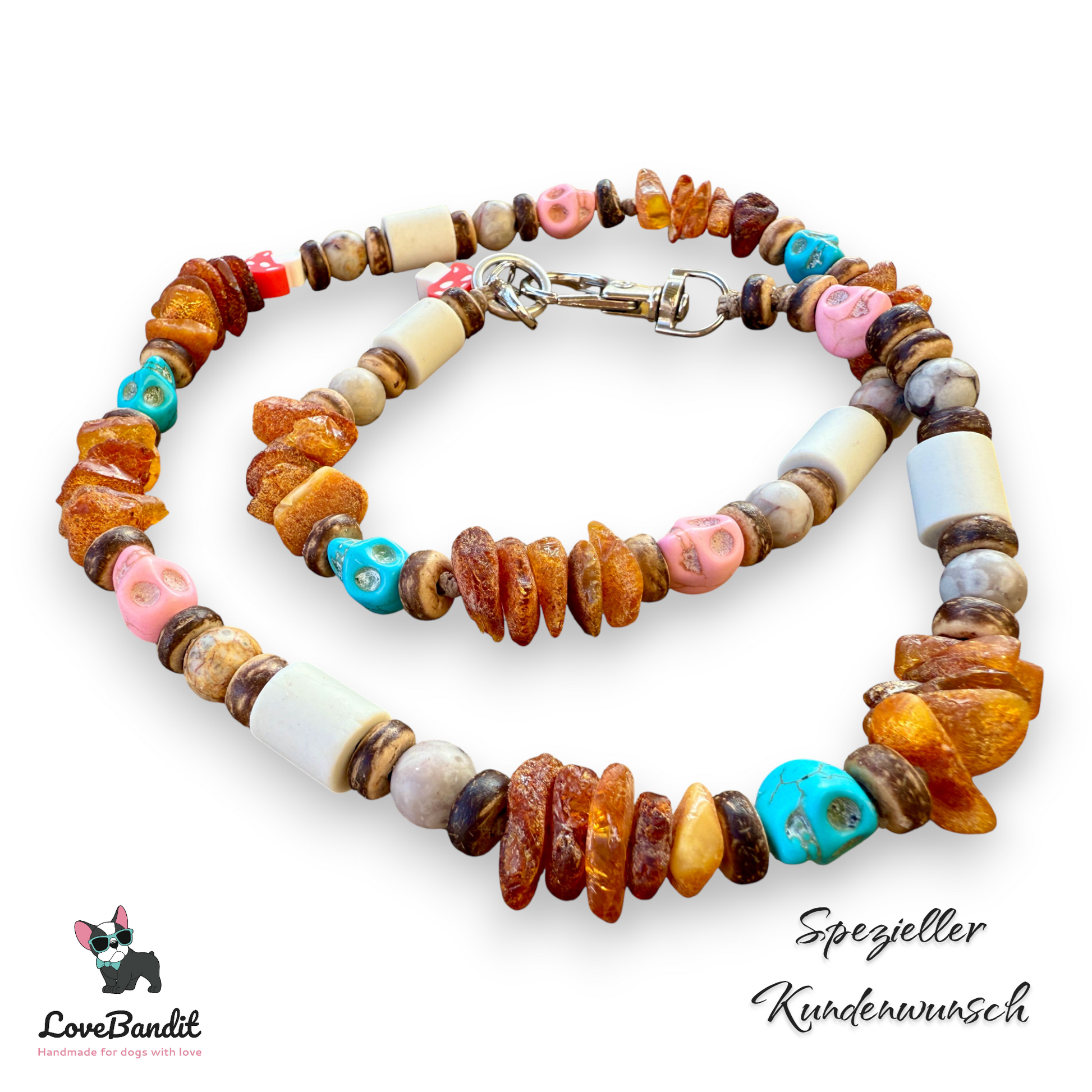 Bernsteinkette für Hunde „Flintstones“ mit EM-Keramik und Totenköpfen Lovebandit
