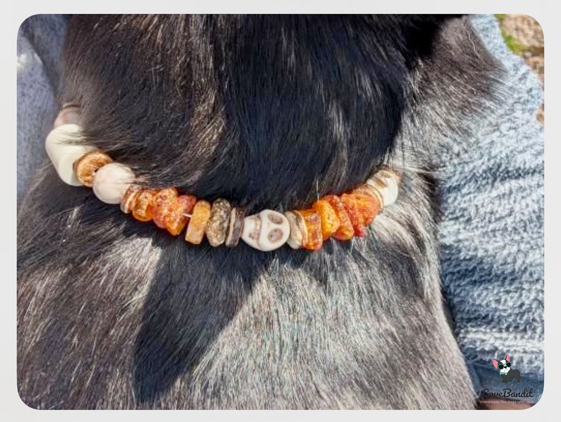 Bernsteinkette für Hunde „Flintstones“ mit EM-Keramik und Totenköpfen Lovebandit