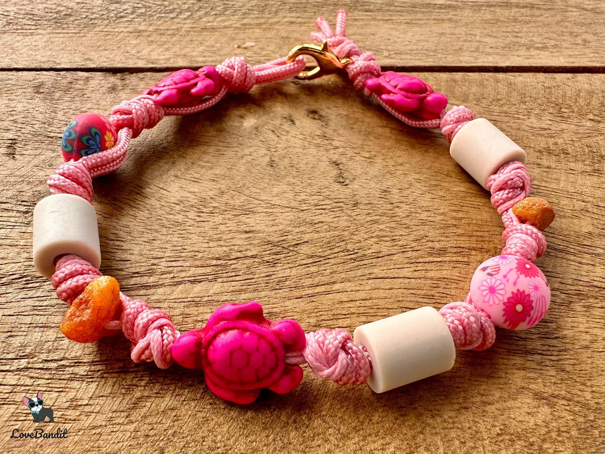 EM-Keramik Bernstein Halsband Schildkröten rosa Lovebandit