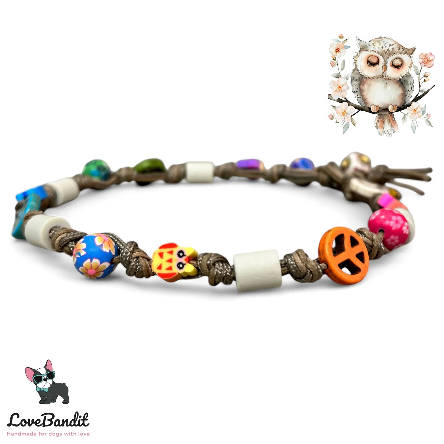 EM Keramik Hundehalsband "Eulen & Peace" mit bunten Perlen LoveBandit