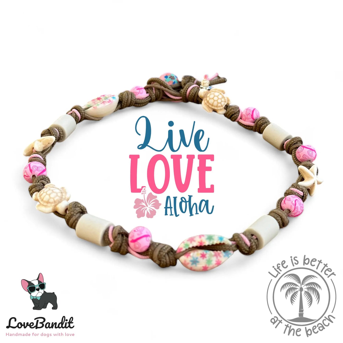 EM Keramik Hundehalsband "MAUI Girl" Pink mit bedruckten Muscheln Lovebandit