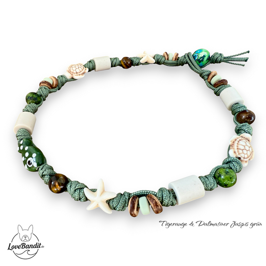 EM Keramik Heilsteinhalsband mit Tigerauge und grünem Jaspis
