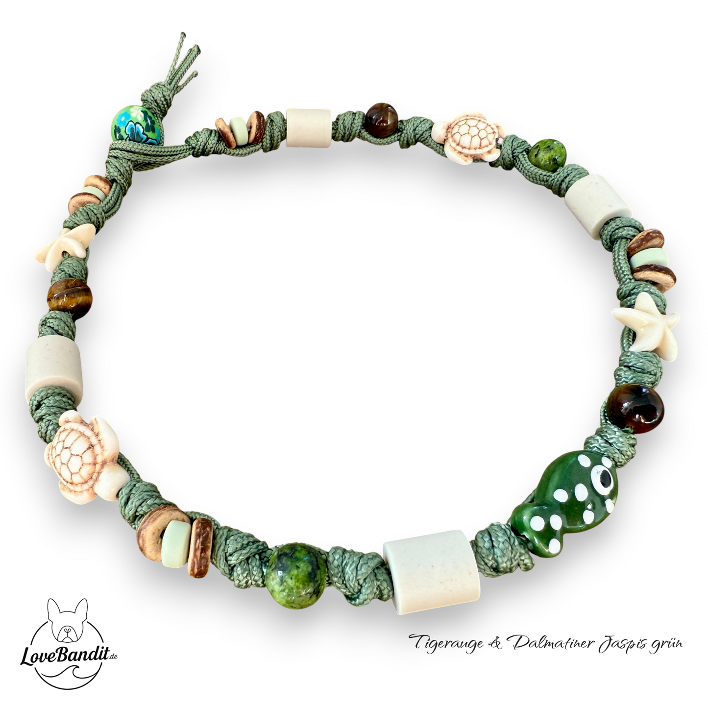 EM Keramik Heilsteinhalsband mit Tigerauge und grünem Jaspis