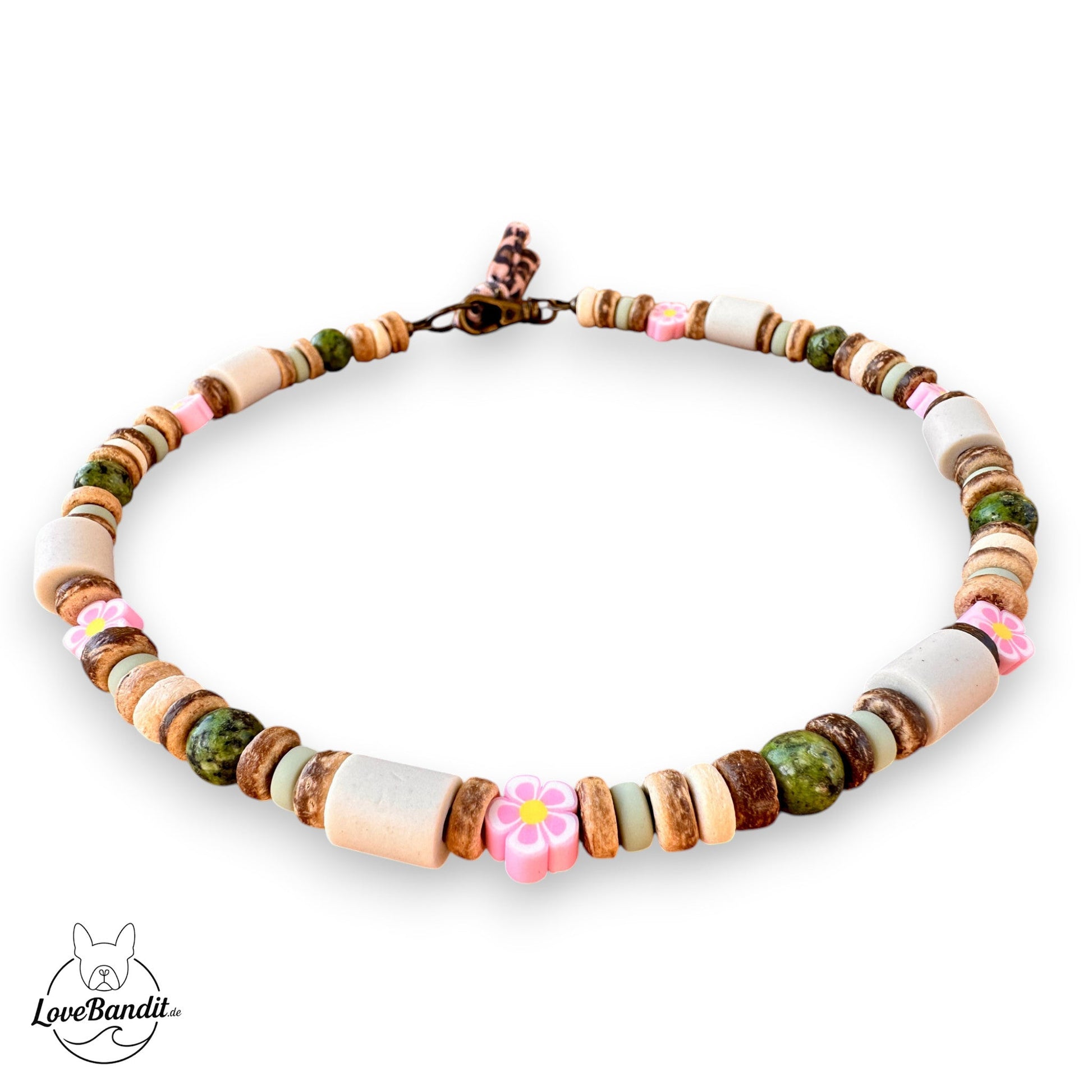 EM-Keramik Halsband mit Jaspis Grün, Blümchen rosa Lovebandit