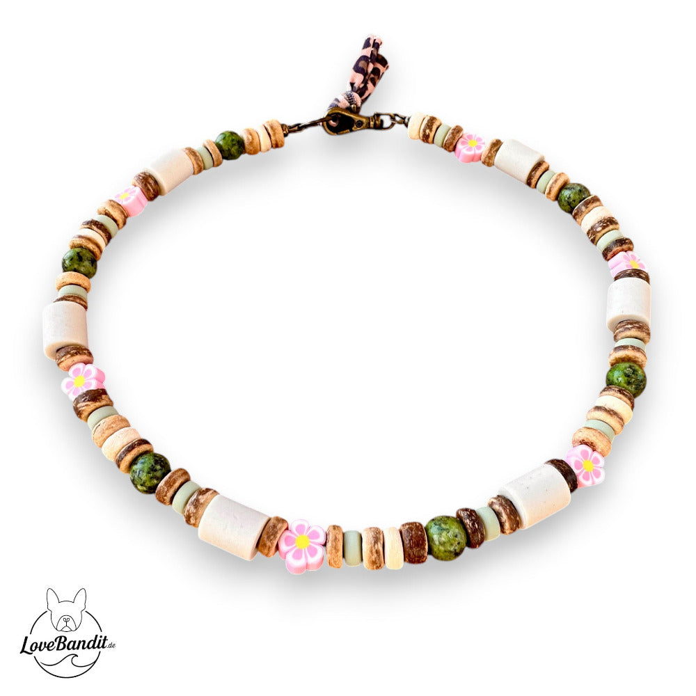 EM-Keramik-Halsband-mit-Naturstein-gruener-Jaspis-Bluemchen-rosa-LoveBandit
