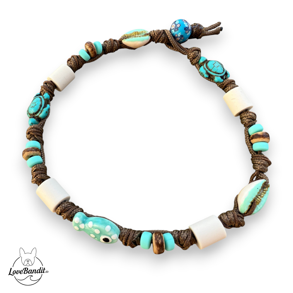 EM-Keramik-Halsband-fuer-Hunde-maritim-handbemalte Muscheln-tuerkis-Schildkroeten-LoveBandit