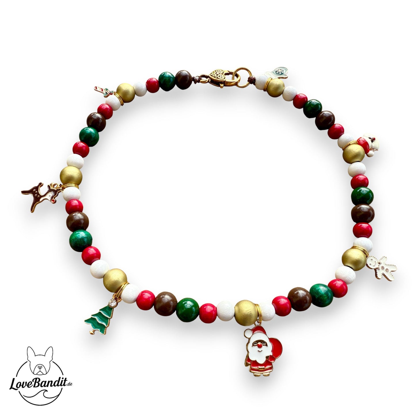 Schmuckkette für Hunde Weihnachtshund aus Holzperlen und Anhängern Lovebandit