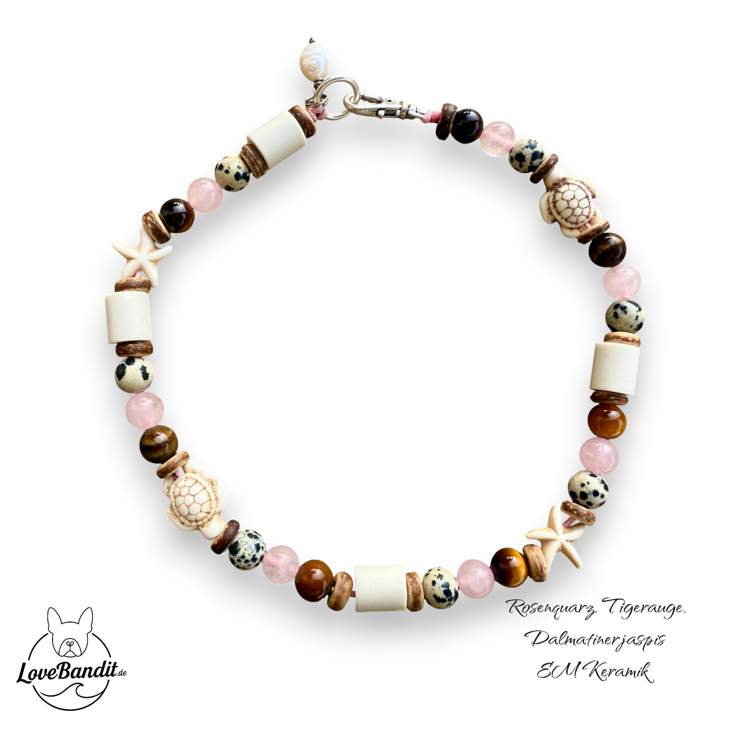 EM Keramik Heilstein Halsband Rosenquarz, Tigerauge, Dalmatinerjaspis