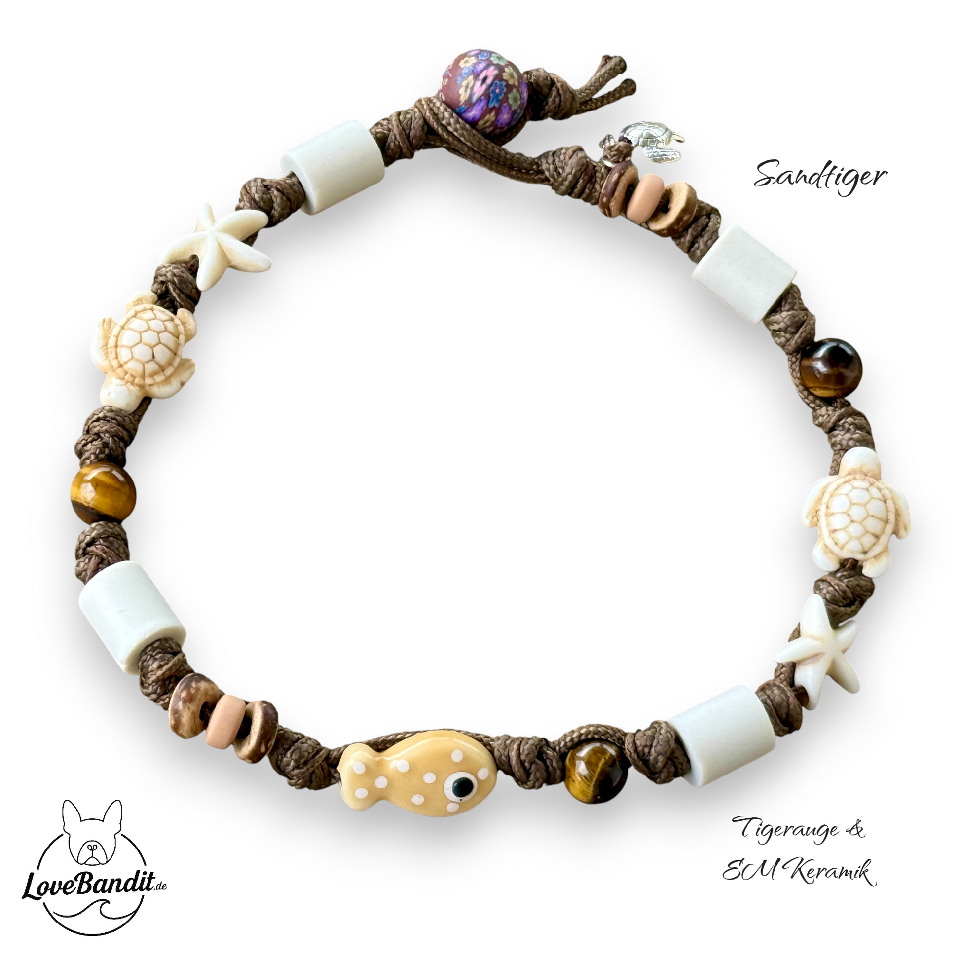 EM Keramik Halsband "Sandtiger" mit Tigerauge & Fisch Lovebandit